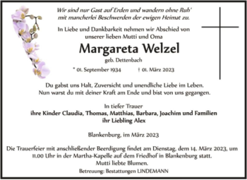 Traueranzeige von Margareta Welzel (geb. Dettenbach)  von Magdeburger Volksstimme