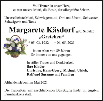 Traueranzeige von Margarete ,,Gretchen