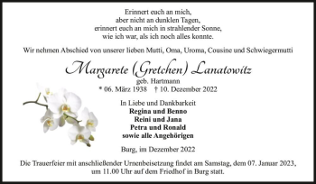 Traueranzeige von Margarete (Gretchen) Lanatowitz (geb. Hartmann)  von Magdeburger Volksstimme
