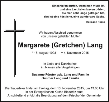 Traueranzeige von Margarete (Gretchen) Lang  von Magdeburger Volksstimme