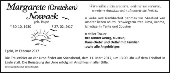 Traueranzeige von Margarete (Gretchen) Nowack  von Magdeburger Volksstimme