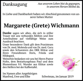 Traueranzeige von Margarete (Grete) Wichmann  von Magdeburger Volksstimme