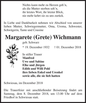 Traueranzeige von Margarete (Grete) Wichmann (geb. Schwarz)  von Magdeburger Volksstimme