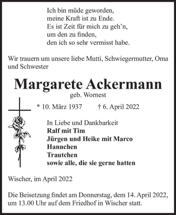 Traueranzeige von Margarete Ackermann (geb. Wornest)  von Magdeburger Volksstimme