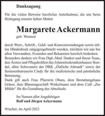 Traueranzeige von Margarete Ackermann (geb. Wornest)  von Magdeburger Volksstimme