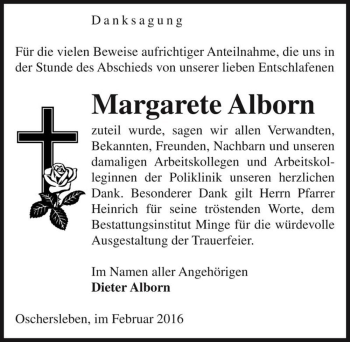 Traueranzeige von Margarete Alborn  von Magdeburger Volksstimme