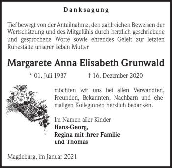 Traueranzeige von Margarete Anna Elisabeth Grunwald  von Magdeburger Volksstimme