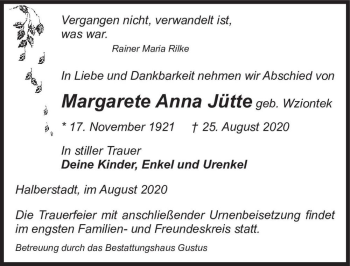 Traueranzeige von Margarete Anna Jütte (geb. Wziontek)  von Magdeburger Volksstimme