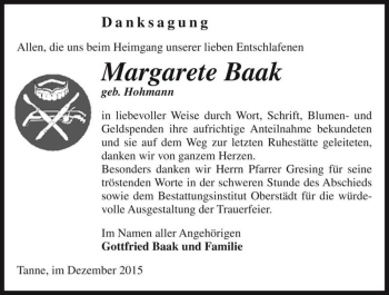 Traueranzeige von Margarete Baak (geb. Hohmann)  von Magdeburger Volksstimme