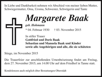 Traueranzeige von Margarete Baak (geb. Hohmann)  von Magdeburger Volksstimme