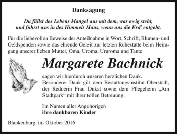 Traueranzeige von Margarete Bachnick  von Magdeburger Volksstimme