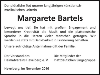 Traueranzeige von Margarete Bartels  von Magdeburger Volksstimme