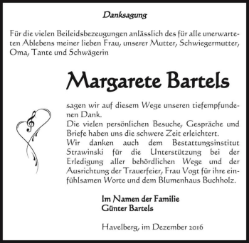 Traueranzeige von Margarete Bartels  von Magdeburger Volksstimme