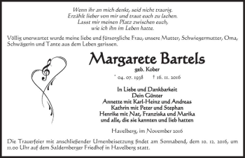 Traueranzeige von Margarete Bartels (geb. Kober)  von Magdeburger Volksstimme