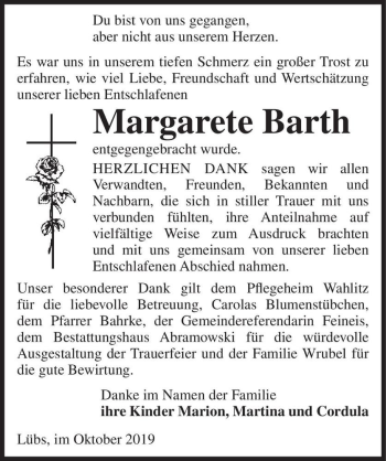 Traueranzeige von Margarete Barth  von Magdeburger Volksstimme
