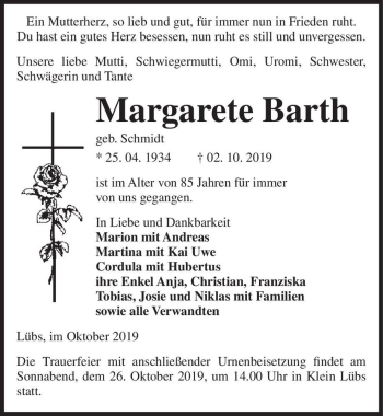 Traueranzeige von Margarete Barth (geb. Schmidt)  von Magdeburger Volksstimme