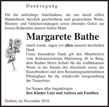 Traueranzeige von Margarete Bathe  von Magdeburger Volksstimme