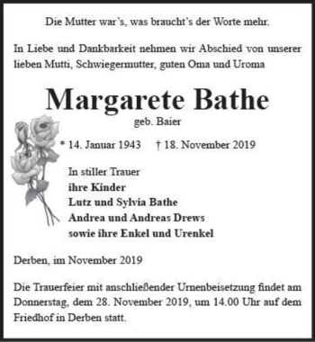 Traueranzeige von Margarete Bathe (geb. Baier)  von Magdeburger Volksstimme
