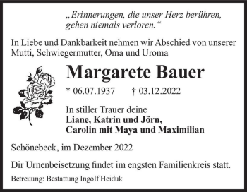 Traueranzeige von Margarete Bauer  von Magdeburger Volksstimme