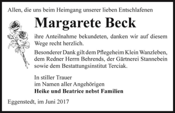 Traueranzeige von Margarete Beck  von Magdeburger Volksstimme