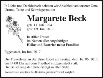 Traueranzeige von Margarete Beck  von Magdeburger Volksstimme