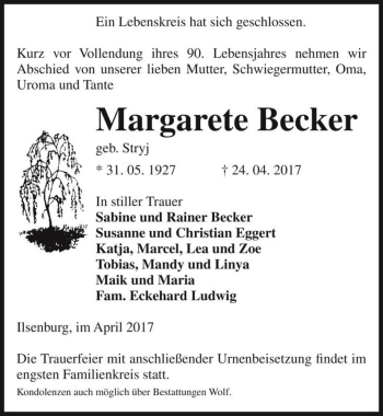 Traueranzeige von Margarete Becker (geb. Stryj)  von Magdeburger Volksstimme