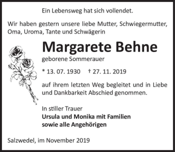 Traueranzeige von Margarete Behne (geb. Sommerauer)  von Magdeburger Volksstimme