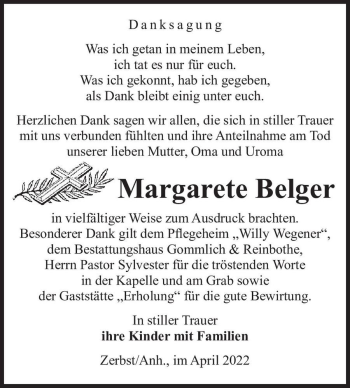 Traueranzeige von Margarete Belger  von Magdeburger Volksstimme