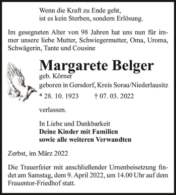 Traueranzeige von Margarete Belger (geb. Körner)  von Magdeburger Volksstimme