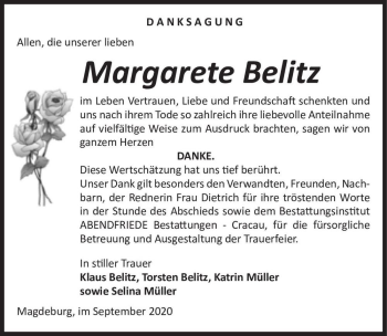 Traueranzeige von Margarete Belitz  von Magdeburger Volksstimme