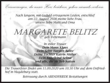 Traueranzeige von Margarete Belitz (geb. Fehrmann)  von Magdeburger Volksstimme