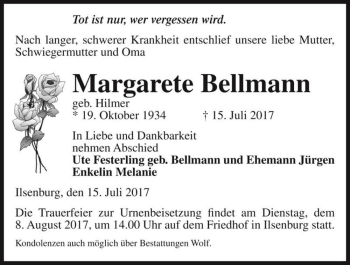 Traueranzeige von Margarete Bellmann (geb. Hilmer)  von Magdeburger Volksstimme