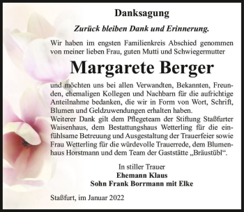 Traueranzeige von Margarete Berger  von Magdeburger Volksstimme