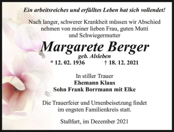 Traueranzeige von Margarete Berger (geb. Alsleben)  von Magdeburger Volksstimme