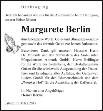 Traueranzeige von Margarete Berlin  von Magdeburger Volksstimme