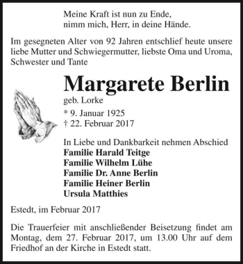 Traueranzeige von Margarete Berlin (geb. Lorke)  von Magdeburger Volksstimme
