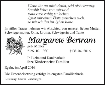 Traueranzeige von Margarete Bertram (geb. Müller)  von Magdeburger Volksstimme