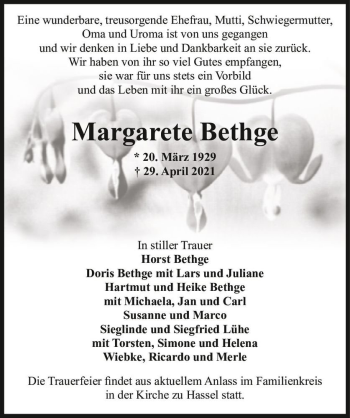 Traueranzeige von Margarete Bethge  von Magdeburger Volksstimme