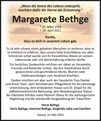 Traueranzeige von Margarete Bethge  von Magdeburger Volksstimme