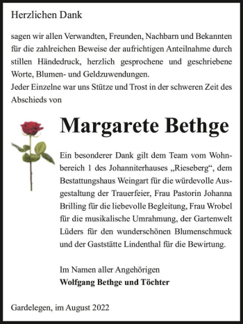 Traueranzeige von Margarete Bethge  von Magdeburger Volksstimme