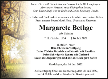 Traueranzeige von Margarete Bethge (geb. Schulze)  von Magdeburger Volksstimme