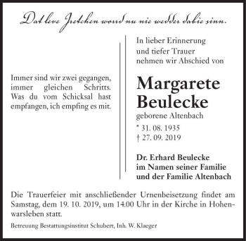 Traueranzeige von Margarete Beulecke (geb. Altenbach)  von Magdeburger Volksstimme