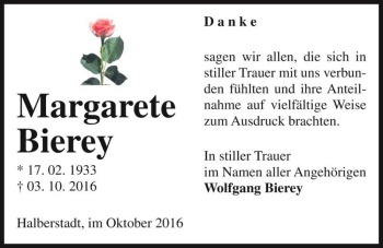 Traueranzeige von Margarete Bierey  von Magdeburger Volksstimme