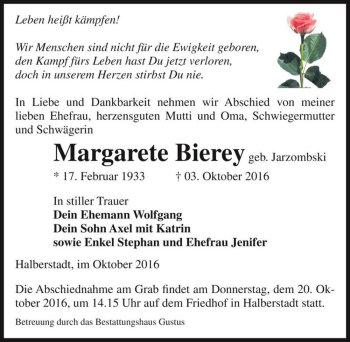 Traueranzeige von Margarete Bierey (geb. Jarzombski)  von Magdeburger Volksstimme