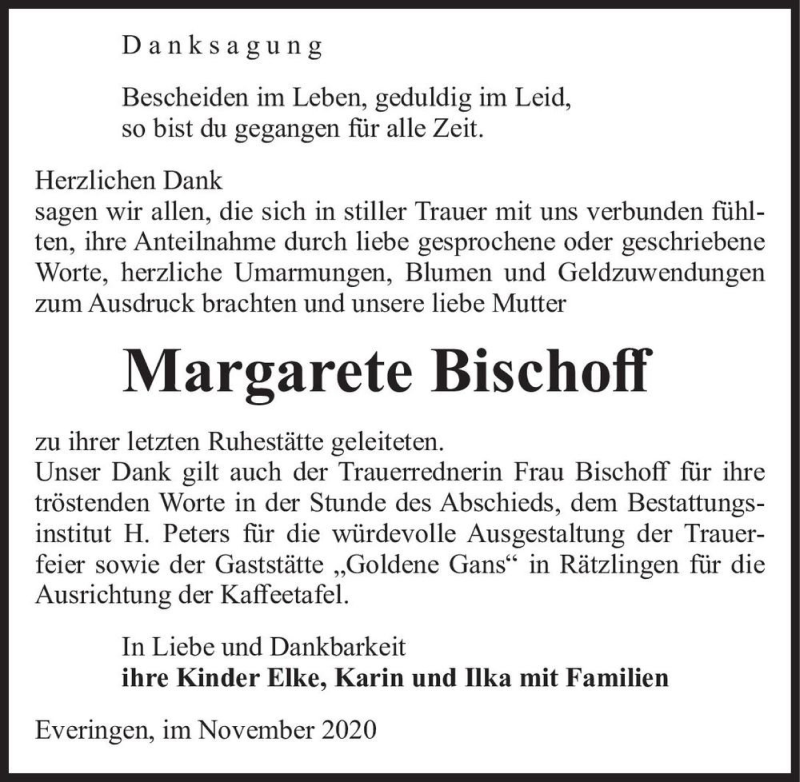  Traueranzeige für Margarete Bischoff  vom 07.11.2020 aus Magdeburger Volksstimme