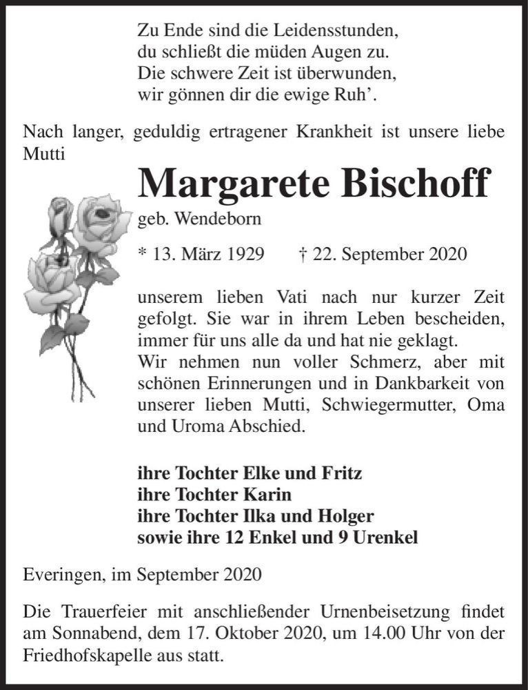 Traueranzeige für Margarete Bischoff (geb. Wendeborn)  vom 26.09.2020 aus Magdeburger Volksstimme
