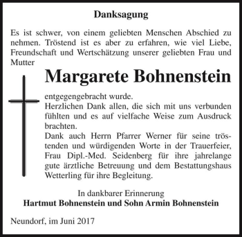 Traueranzeige von Margarete Bohnenstein  von Magdeburger Volksstimme
