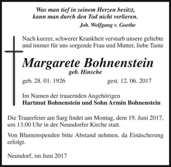 Traueranzeige von Margarete Bohnenstein (geb. Hinsche)  von Magdeburger Volksstimme