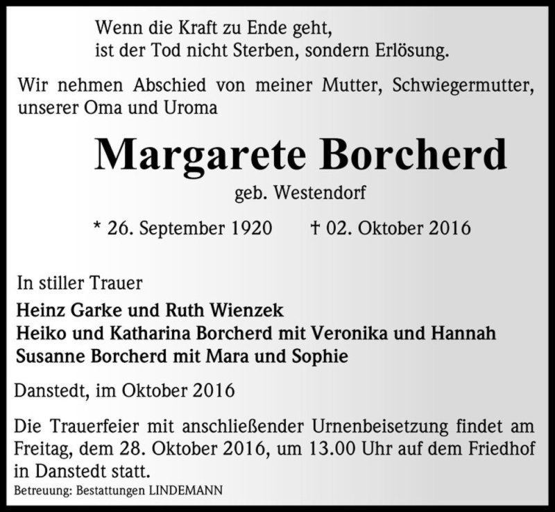  Traueranzeige für Margarete Borcherd (geb. Westendorf)  vom 08.10.2016 aus Magdeburger Volksstimme