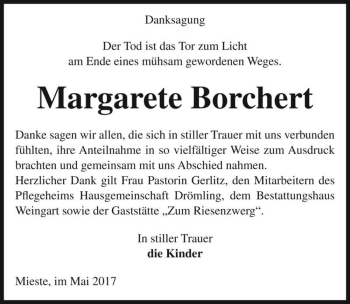 Traueranzeige von Margarete Borchert  von Magdeburger Volksstimme